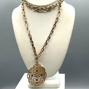 Vintage Unique Eloxal Chain Necklace with Gold Tone Medallion Pendant, Funky